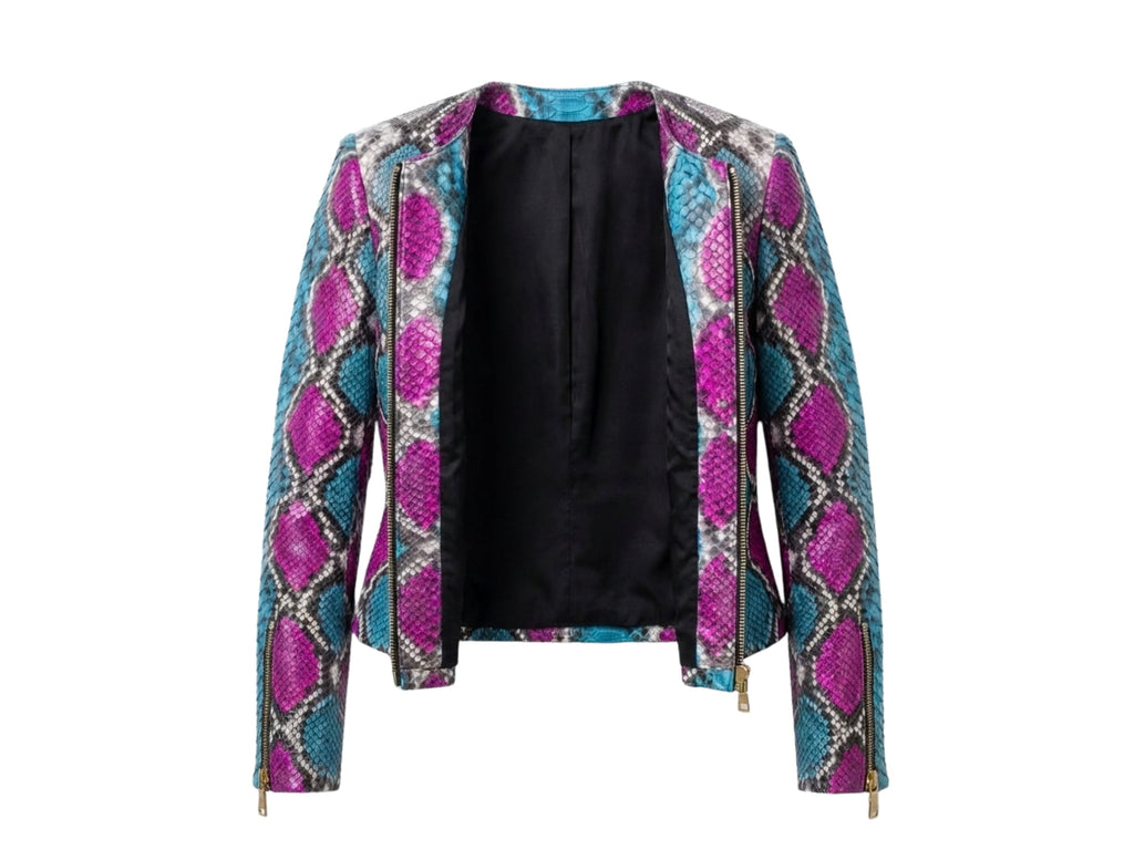 Multi-color snakeskin biker leather jacket, front view with black lining visible