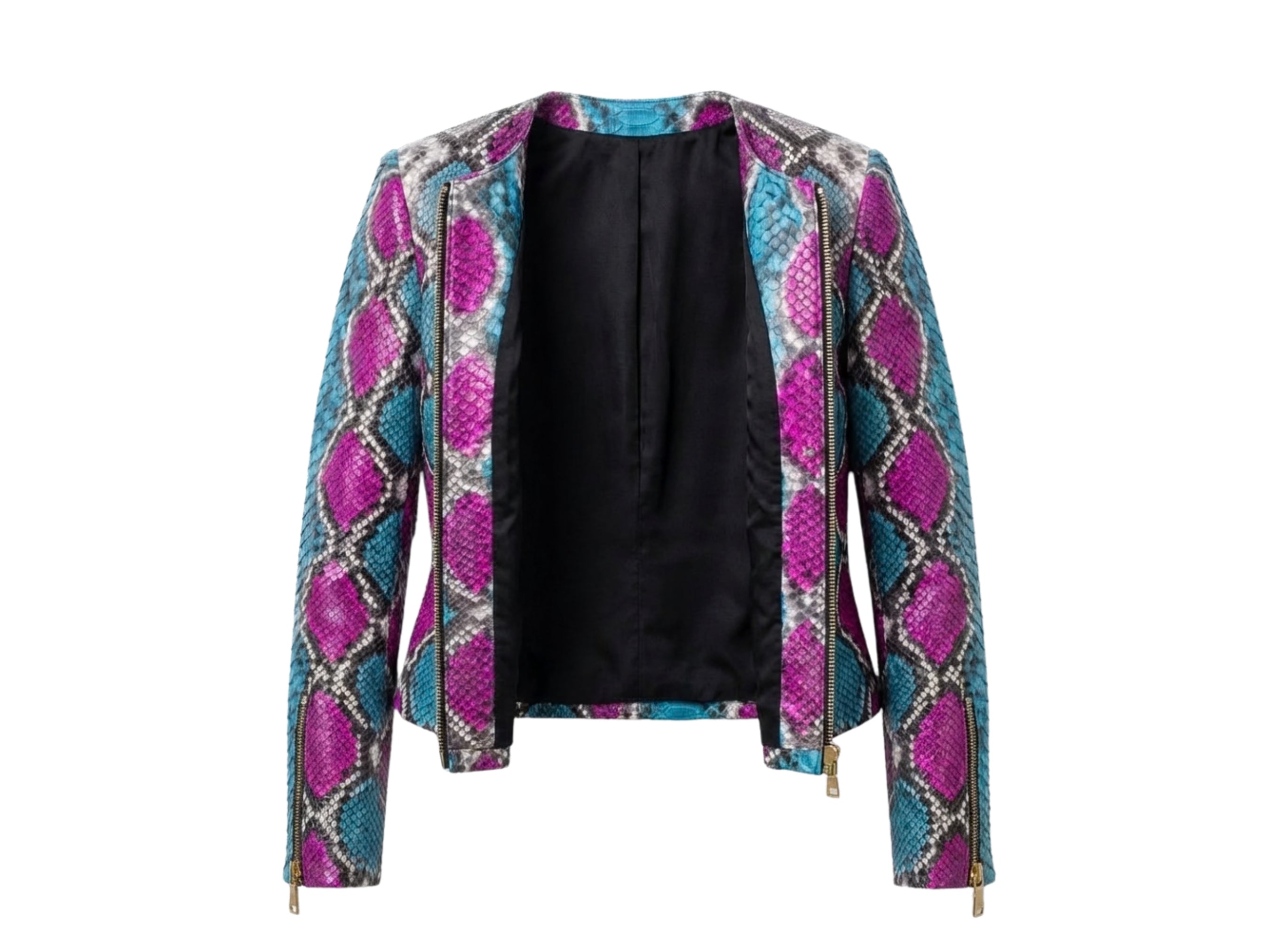 Multi-color snakeskin biker leather jacket, front view with black lining visible
