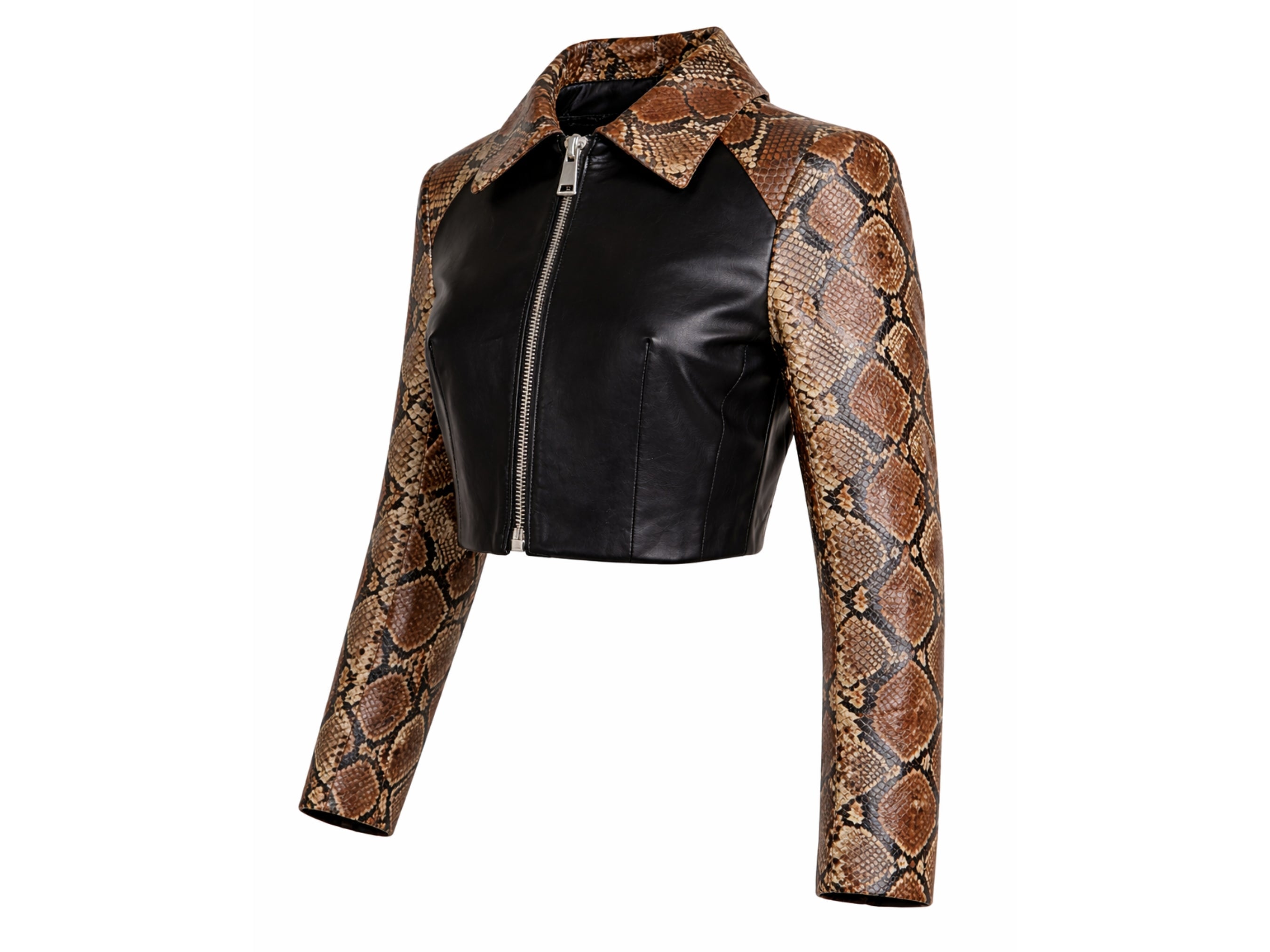 Front view of cropped motorcycle jacket: black body with brown snakeskin sleeves and zip.