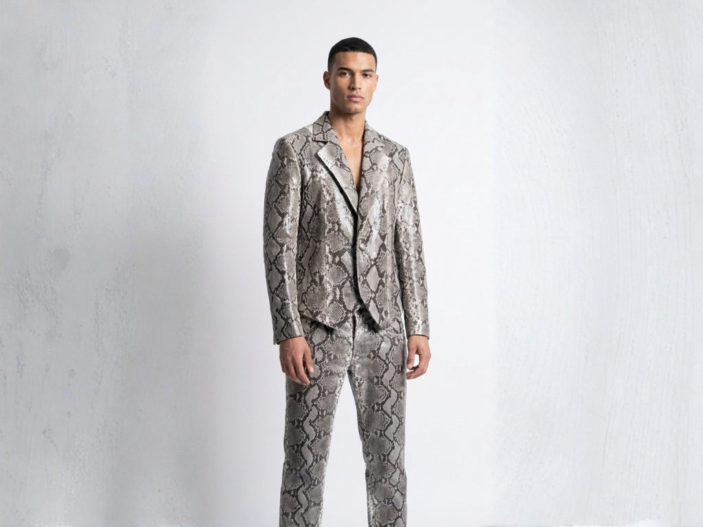 Men’s python snakeskin suit set in natural gray with blazer and straight-leg pants