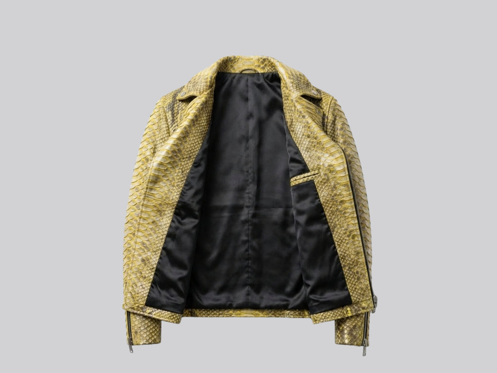 Open back view of gold python snakeskin biker jacket showing black satin lining.