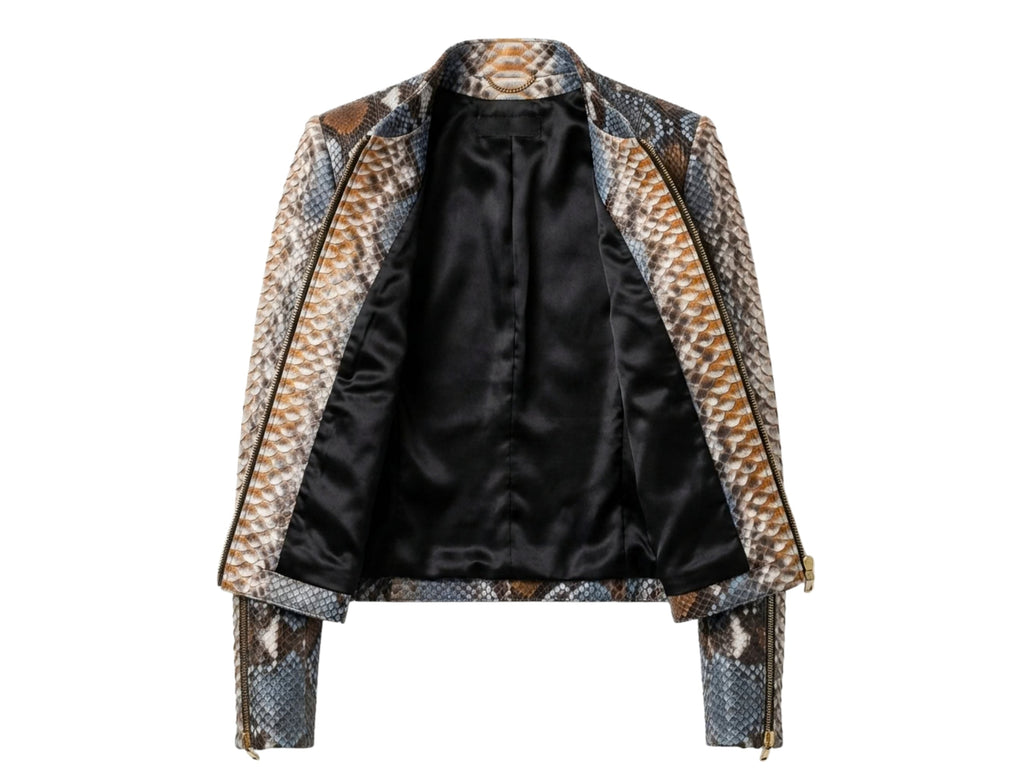 Blue and brown snakeskin leather jacket with stand collar and front zip closure.