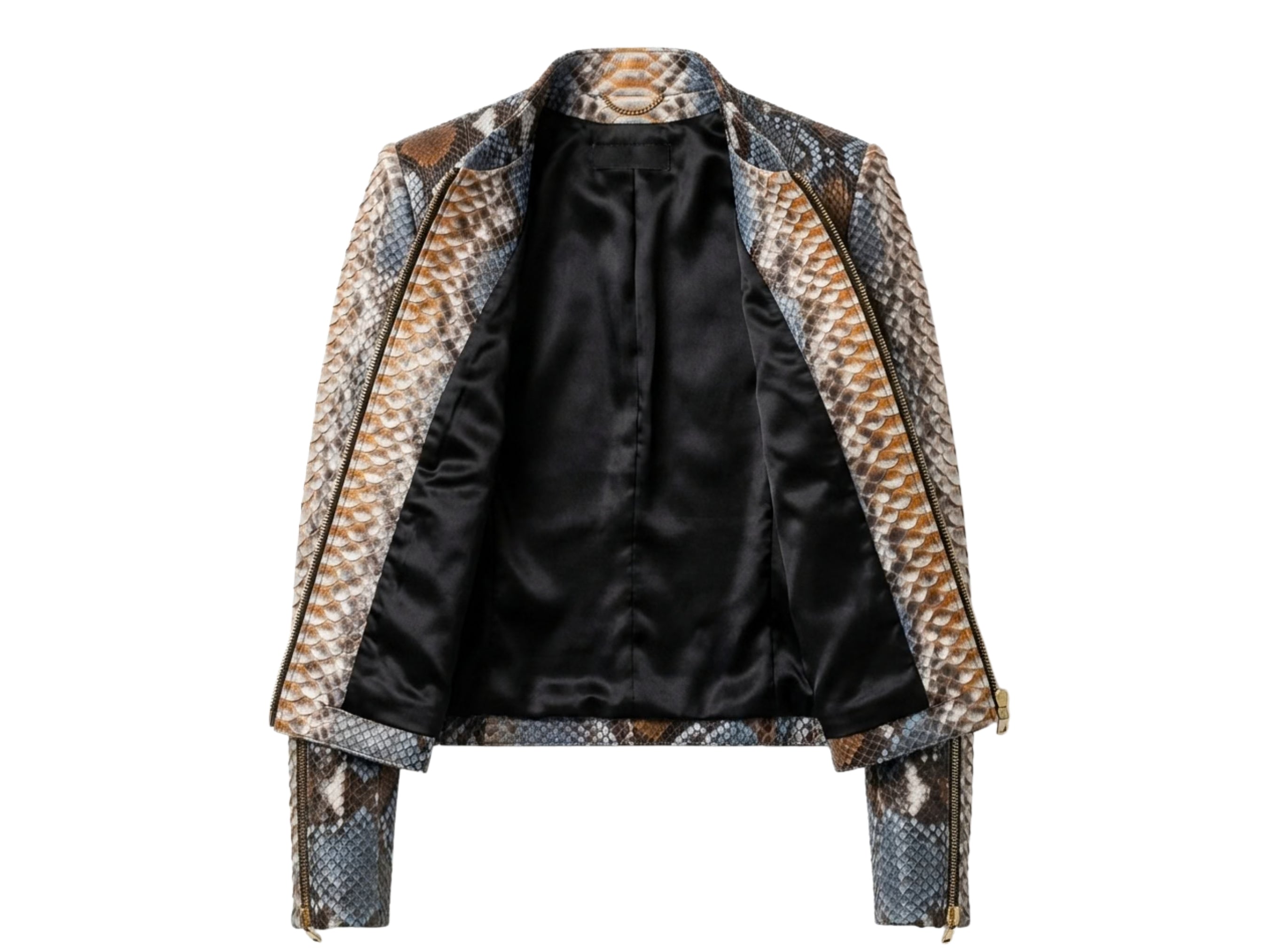 Blue and brown snakeskin leather jacket with stand collar and front zip closure.