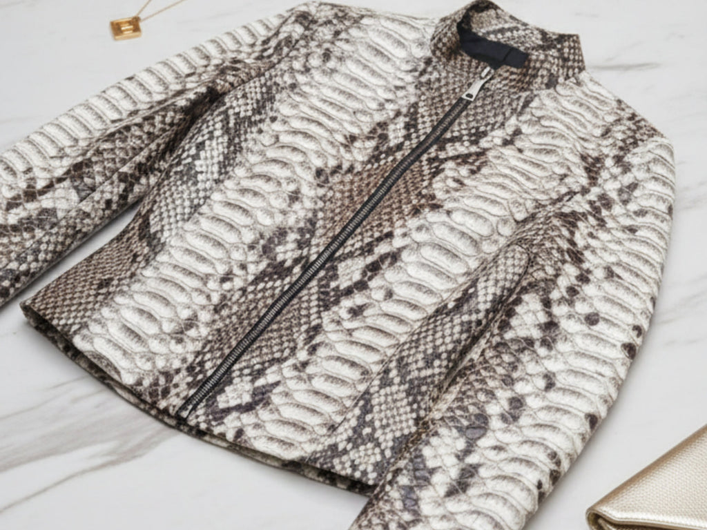 Women’s gray python-skin biker jacket laid flat with zip-front and stand collar