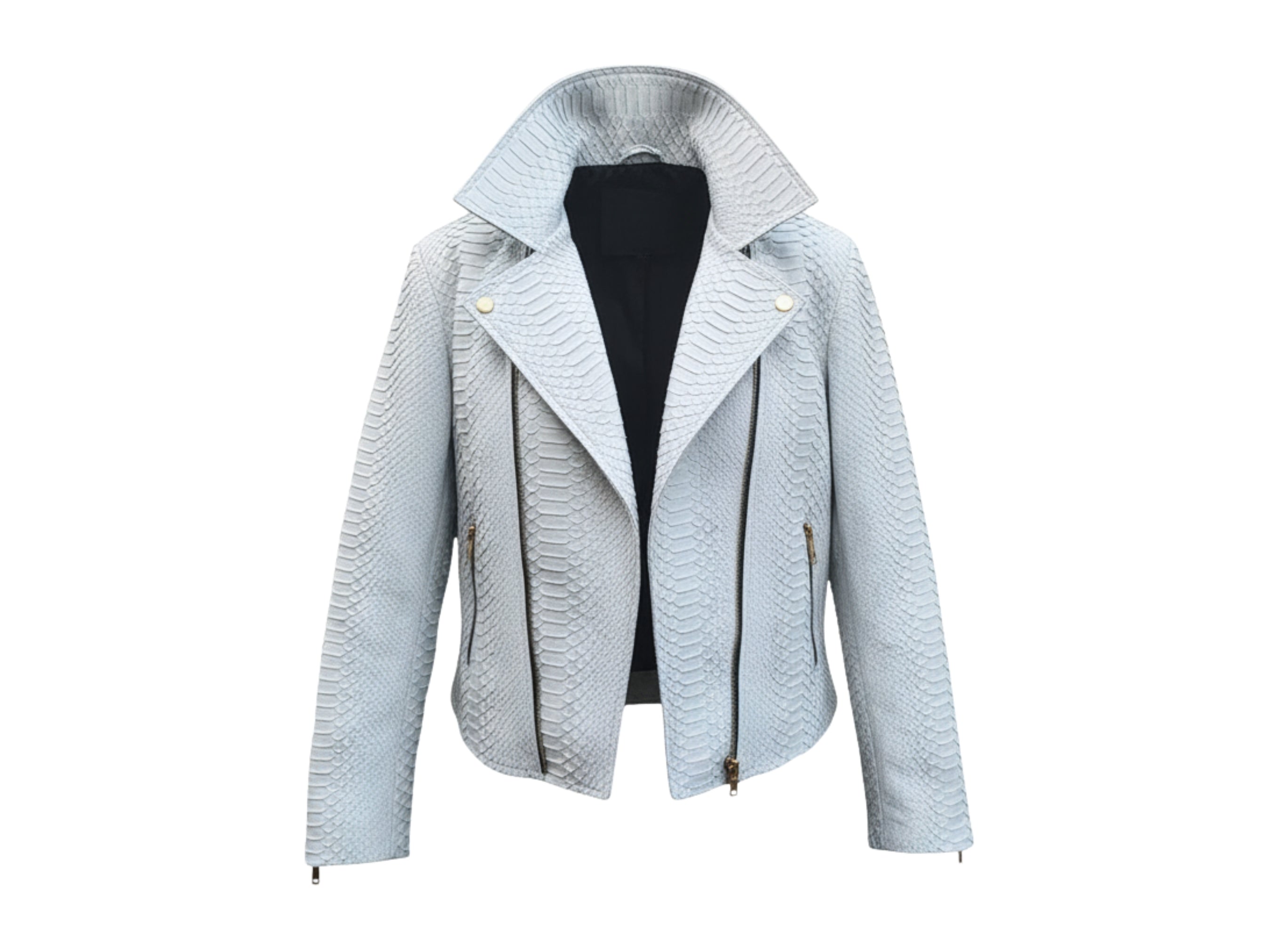 Light blue python-textured biker jacket with notch lapels and zip front