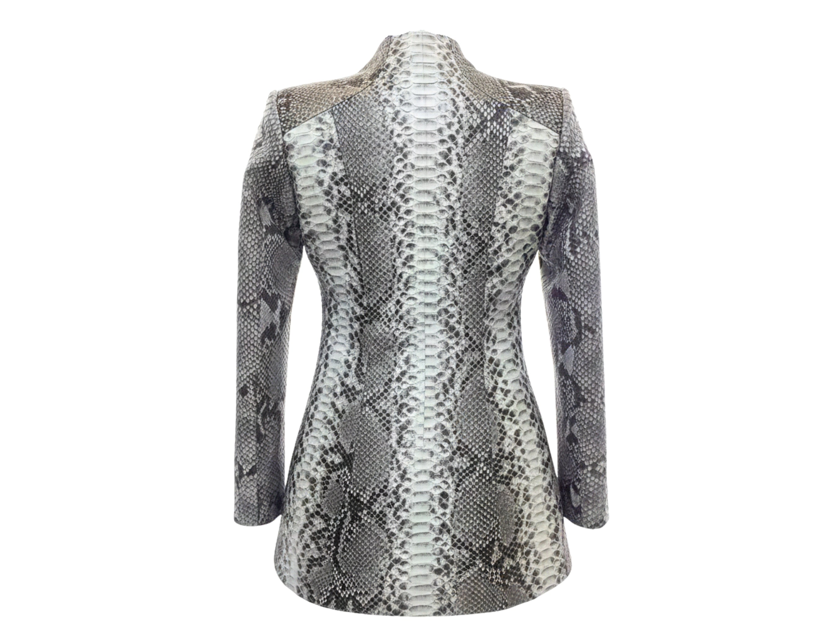 Back view of gray python snakeskin jacket with asymmetrical zip detail