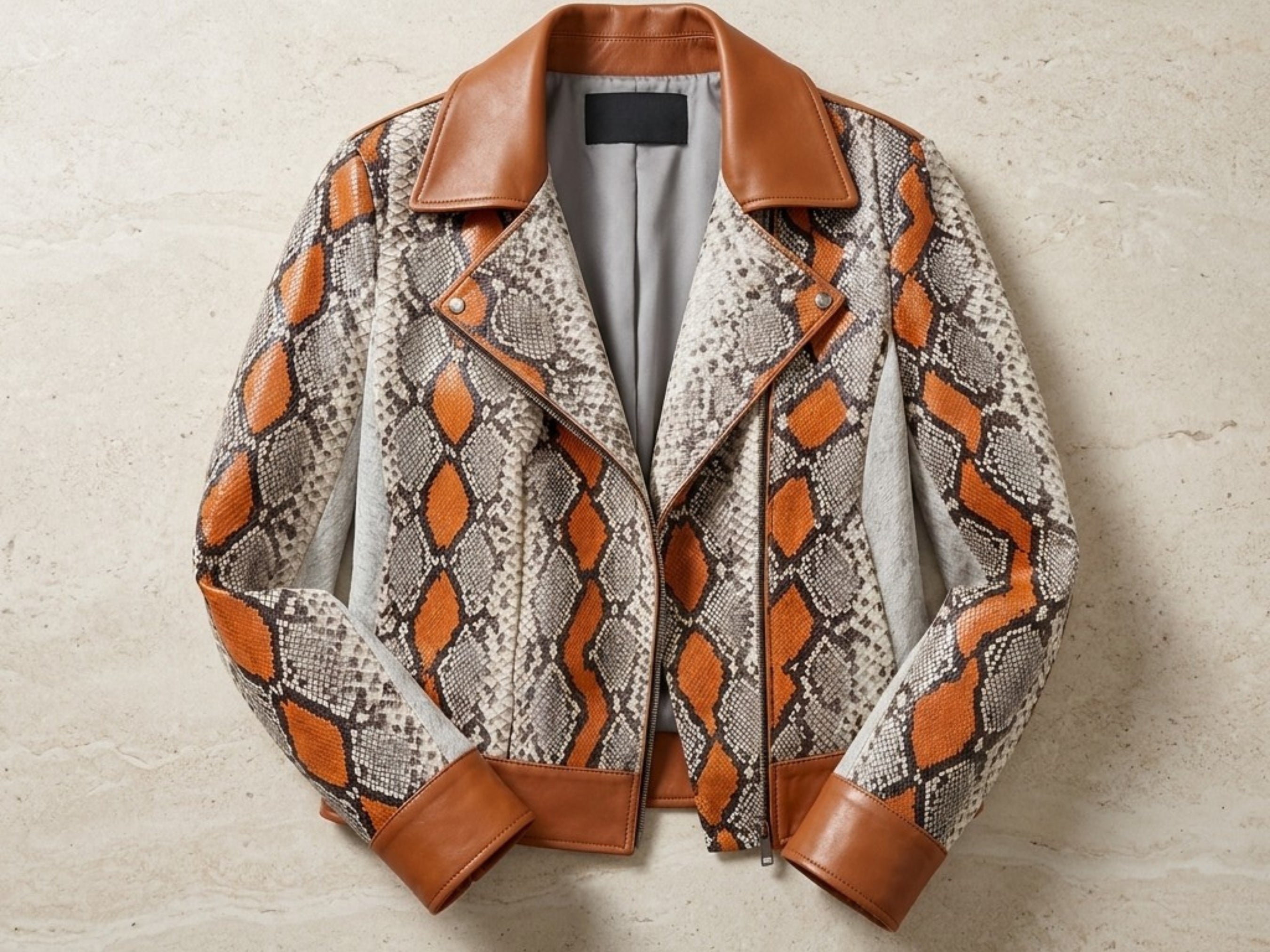 Snakeskin biker leather jacket flat lay: brown collar, orange scale pattern, zip front.