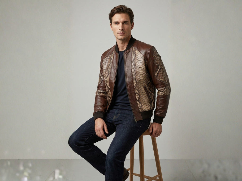 Men's bomber jacket lifestyle: dark brown leather with beige snakeskin-patterned front and sleeves.