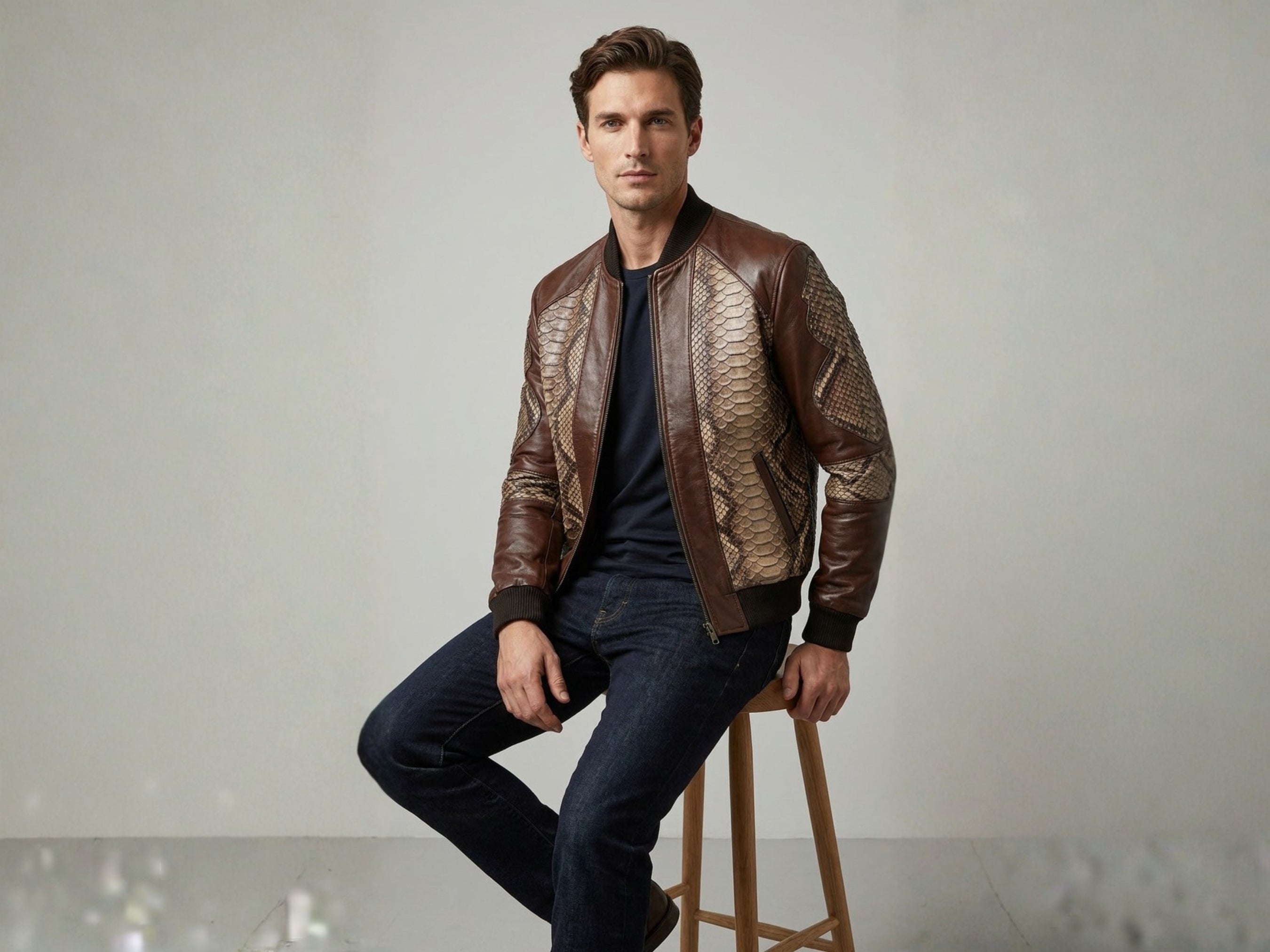 Men's bomber jacket lifestyle: dark brown leather with beige snakeskin-patterned front and sleeves.