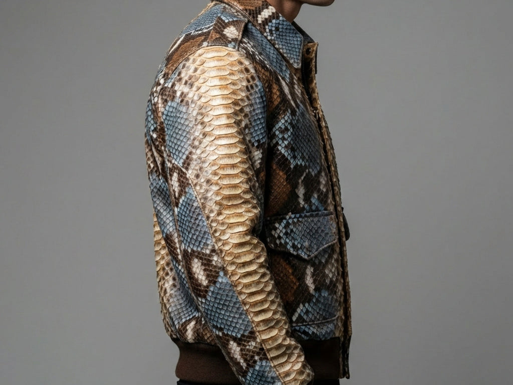 Men's snakeskin-pattern bomber jacket with side pocket and ribbed sleeve cuff