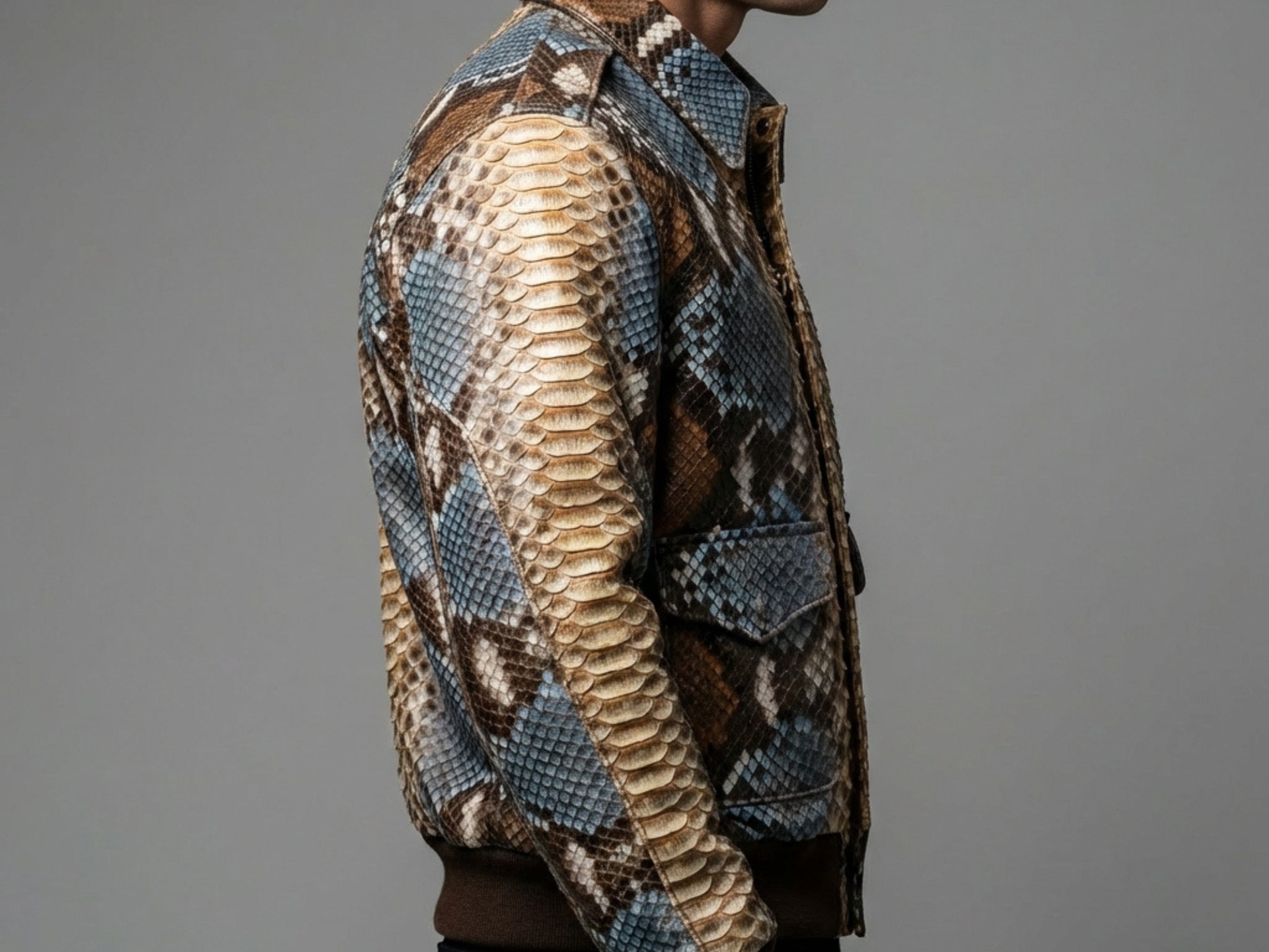 Men's snakeskin-pattern bomber jacket with side pocket and ribbed sleeve cuff