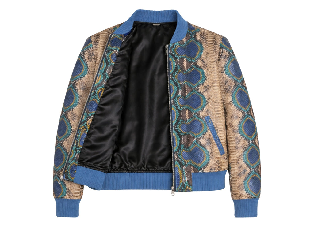 Multi-color python snakeskin bomber jacket, front view with black satin lining and zip