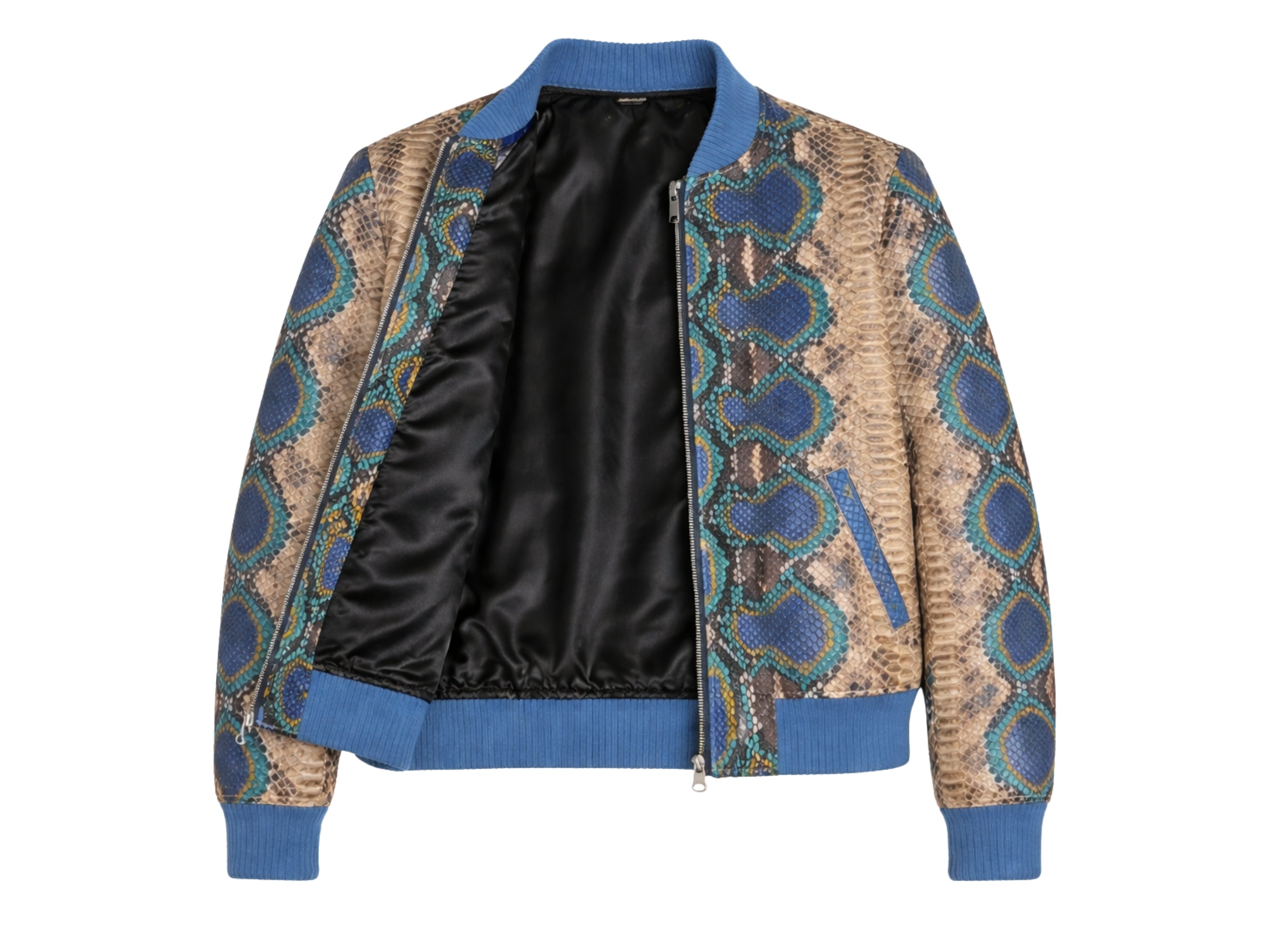 Multi-color python snakeskin bomber jacket, front view with black satin lining and zip
