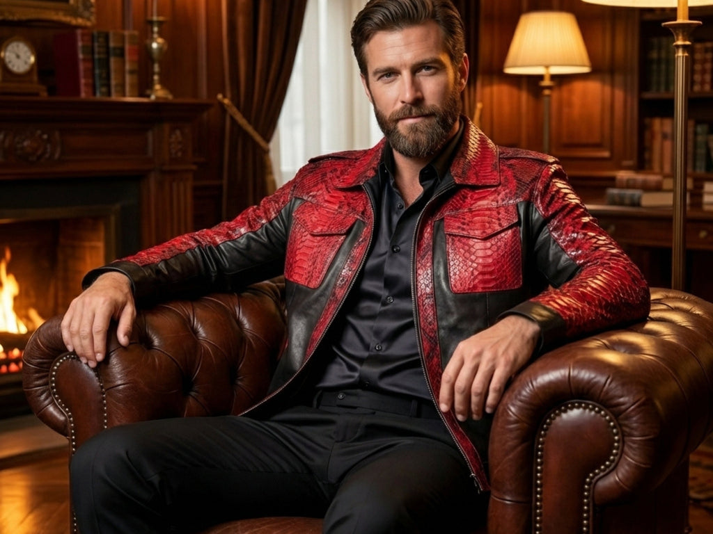 Red snakeskin-style and black leather jacket with raised collar and front zipper, worn open