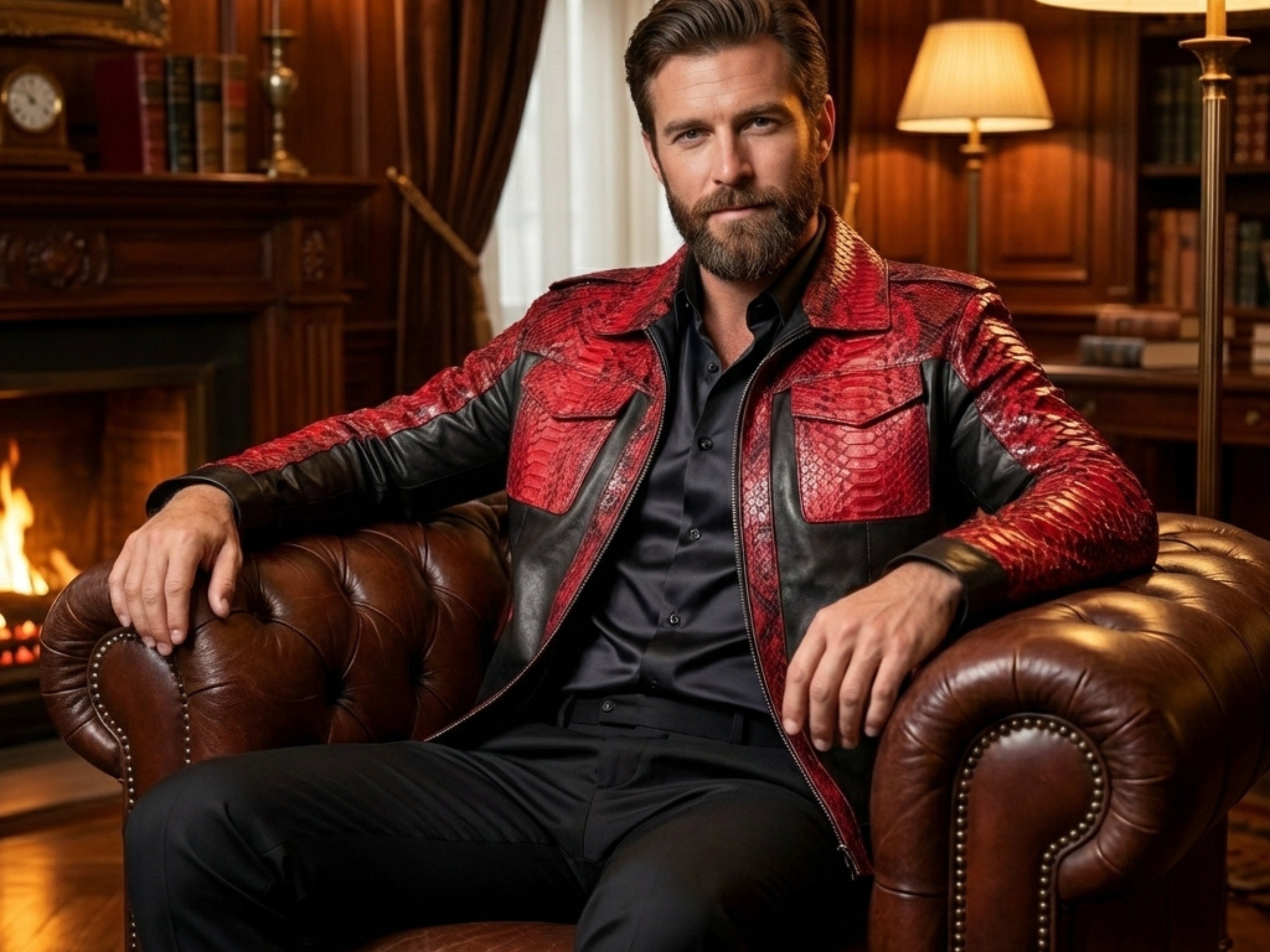 Red snakeskin-style and black leather jacket with raised collar and front zipper, worn open