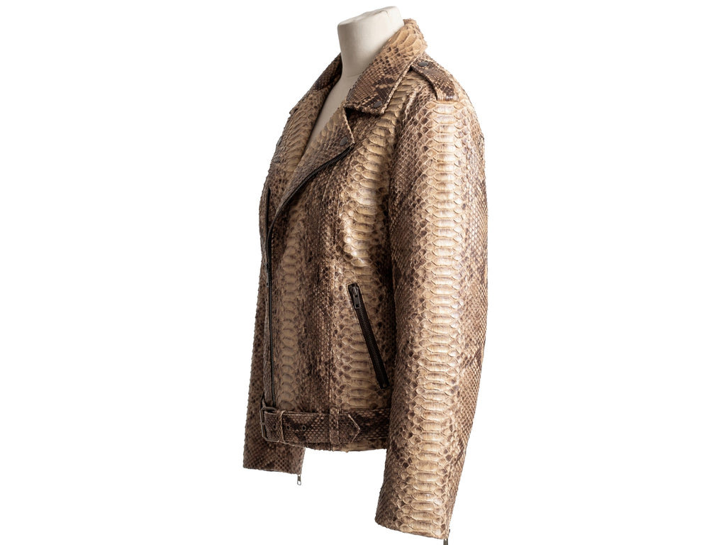Brown python-effect biker jacket side view with asymmetrical zipper and cuffs