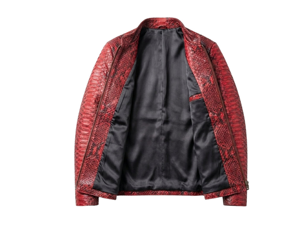Red snakeskin leather jacket with black satin lining and open front back view