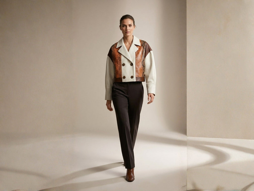 Full-length styling of cream-and-brown double-breasted blazer with snakeskin front panels
