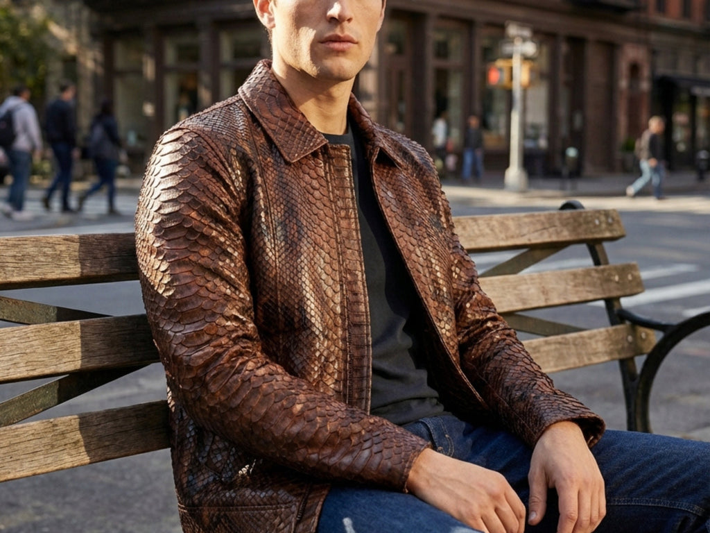 Brown python snakeskin jacket with zip front and all-over textured scales