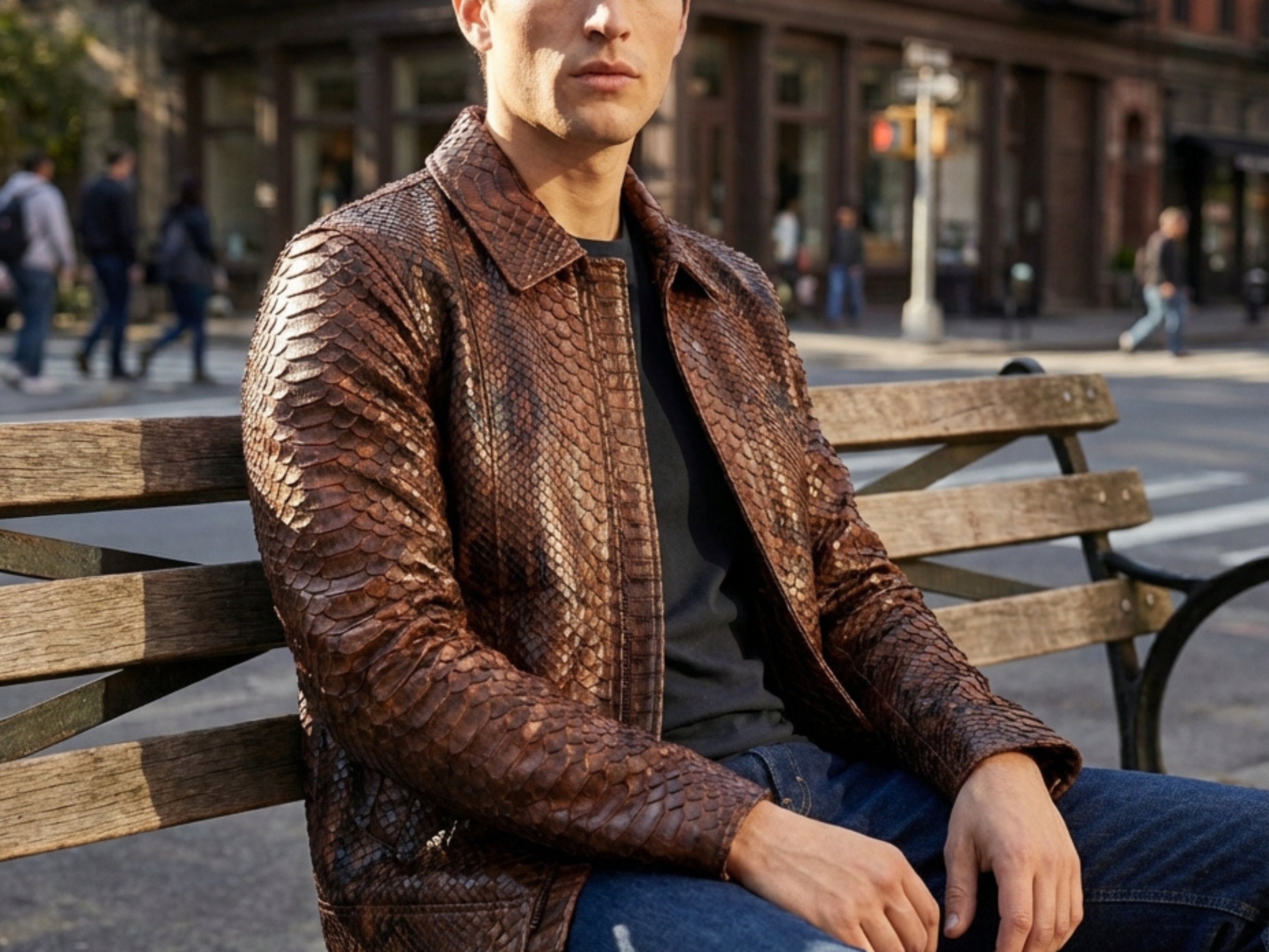 Brown python snakeskin jacket with zip front and all-over textured scales