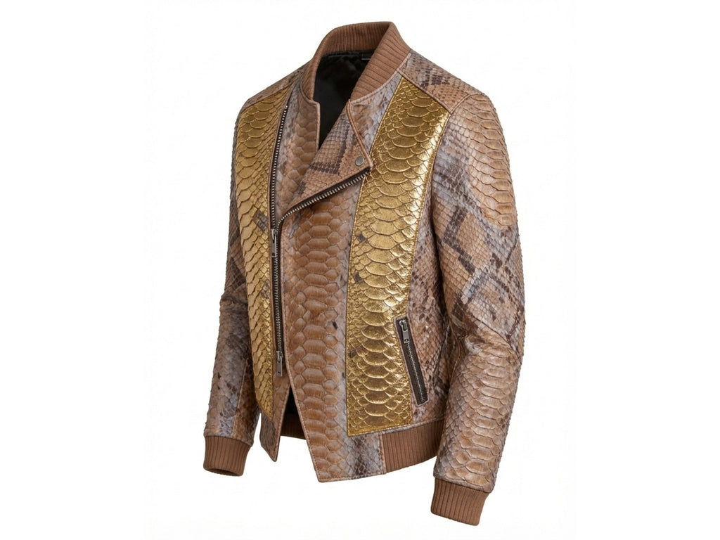 Gold and brown python-texture biker jacket with zip front, stand collar, ribbed hem