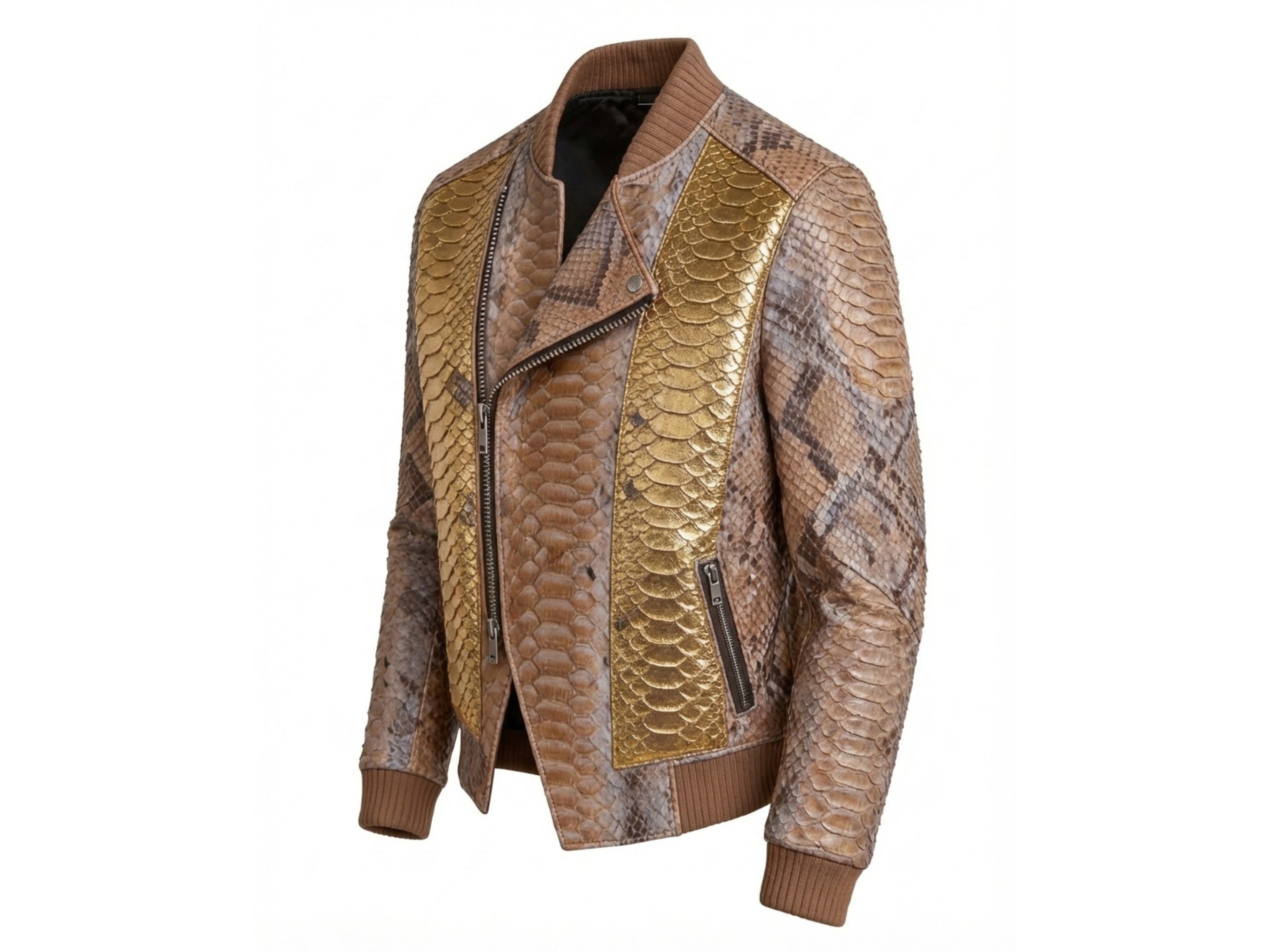 Gold and brown python-texture biker jacket with zip front, stand collar, ribbed hem