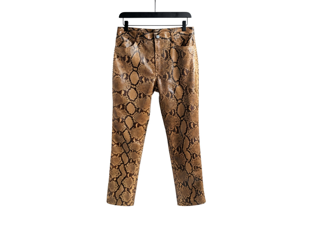 Brown python snakeskin leather pants with tailored straight-leg fit