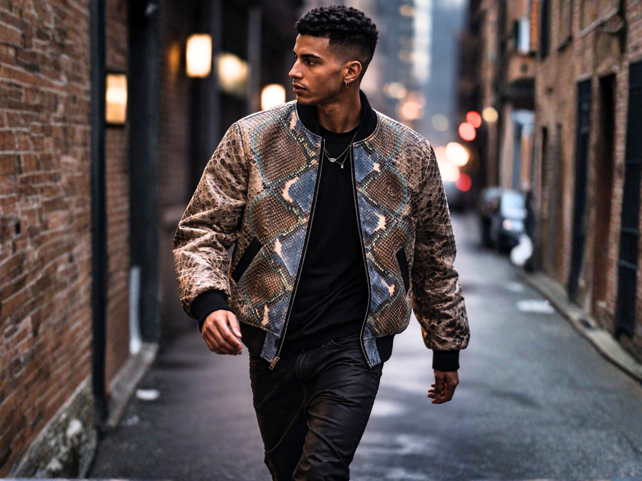 Men’s python snakeskin bomber jacket in side view with blue/teal panel print and zip-up