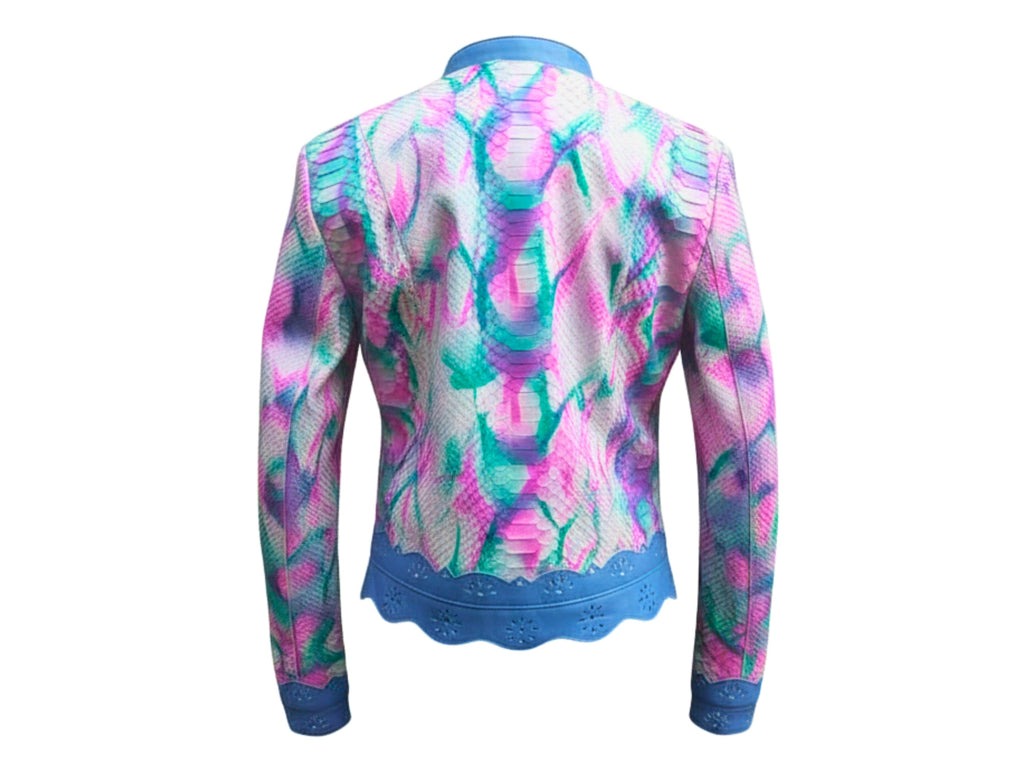 Back view of cropped leather jacket with tie-dye python snakeskin print and blue trim