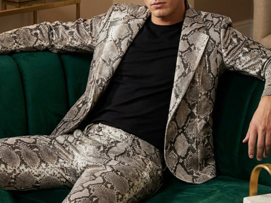 Natural gray python snakeskin blazer and pants set with textured snake-print pattern