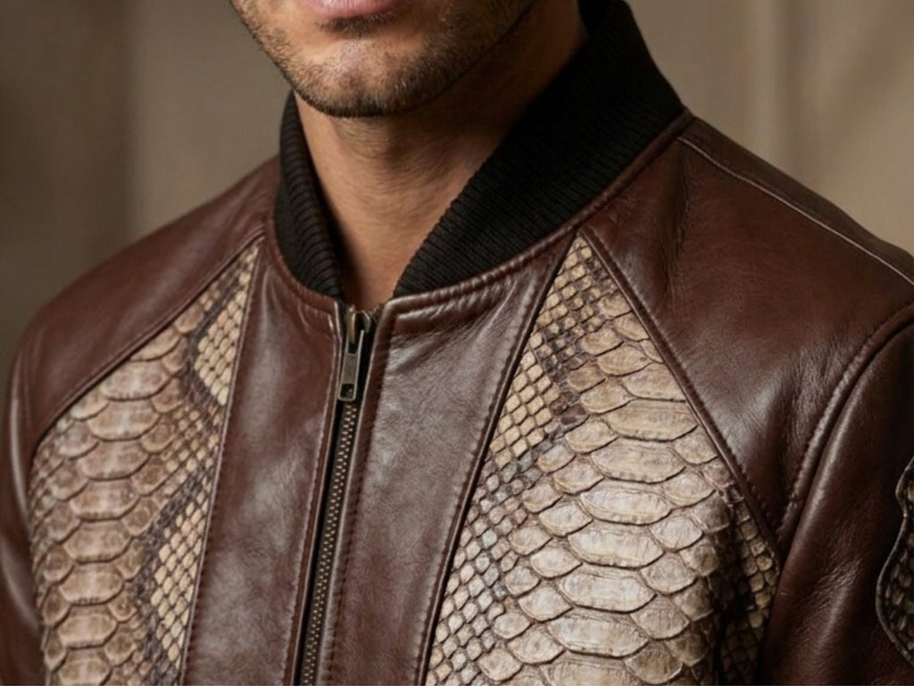 Men's bomber jacket chest detail: dark brown leather with beige snakeskin-style paneling.