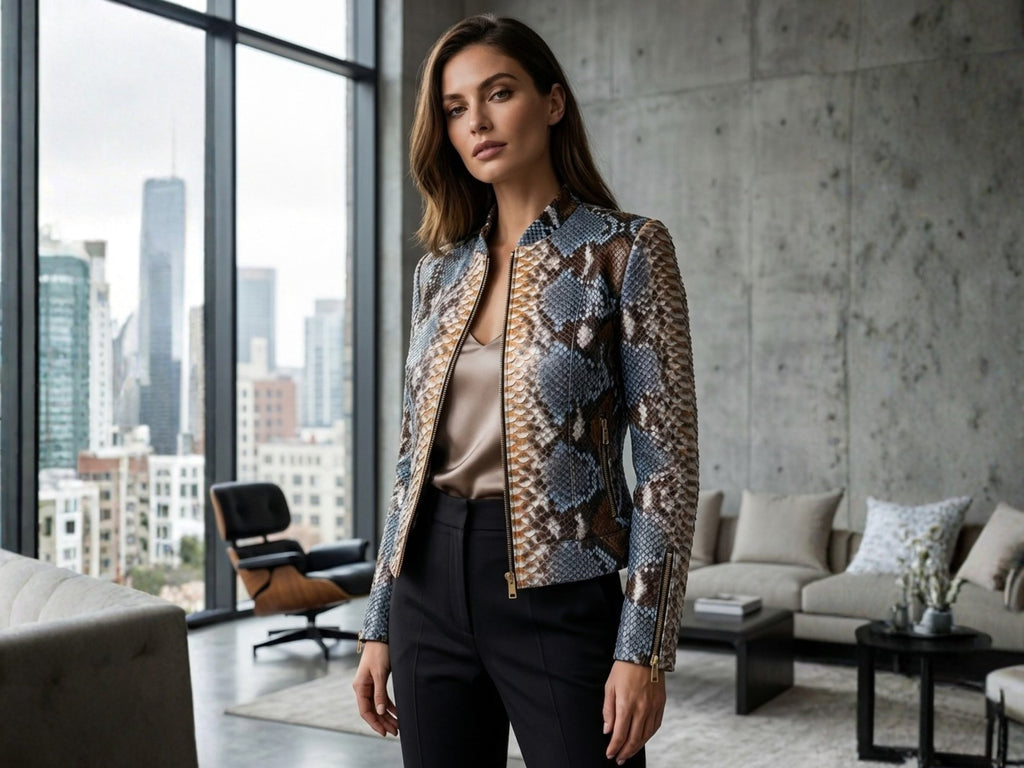 Blue and brown snakeskin leather jacket on model, front zip and slim fit sleeves.