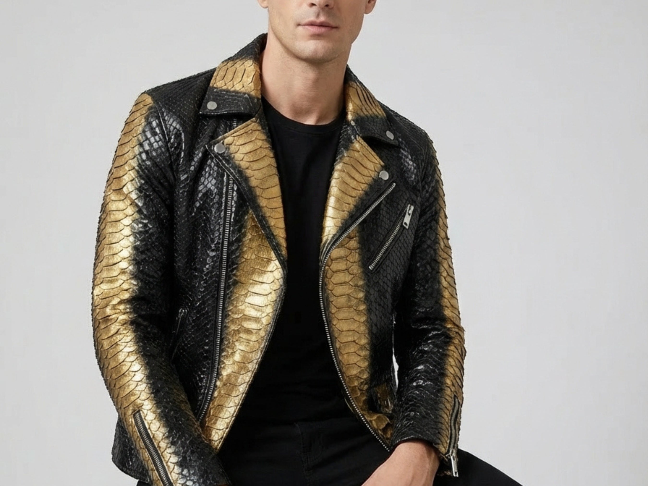Men's black and gold python-print biker jacket with zip-front and lapel collar