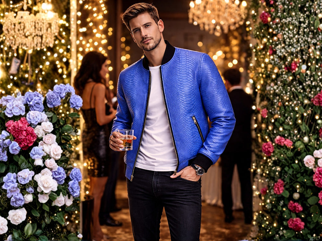Blue snakeskin-textured bomber jacket with zip front, side zip pockets, black rib trim
