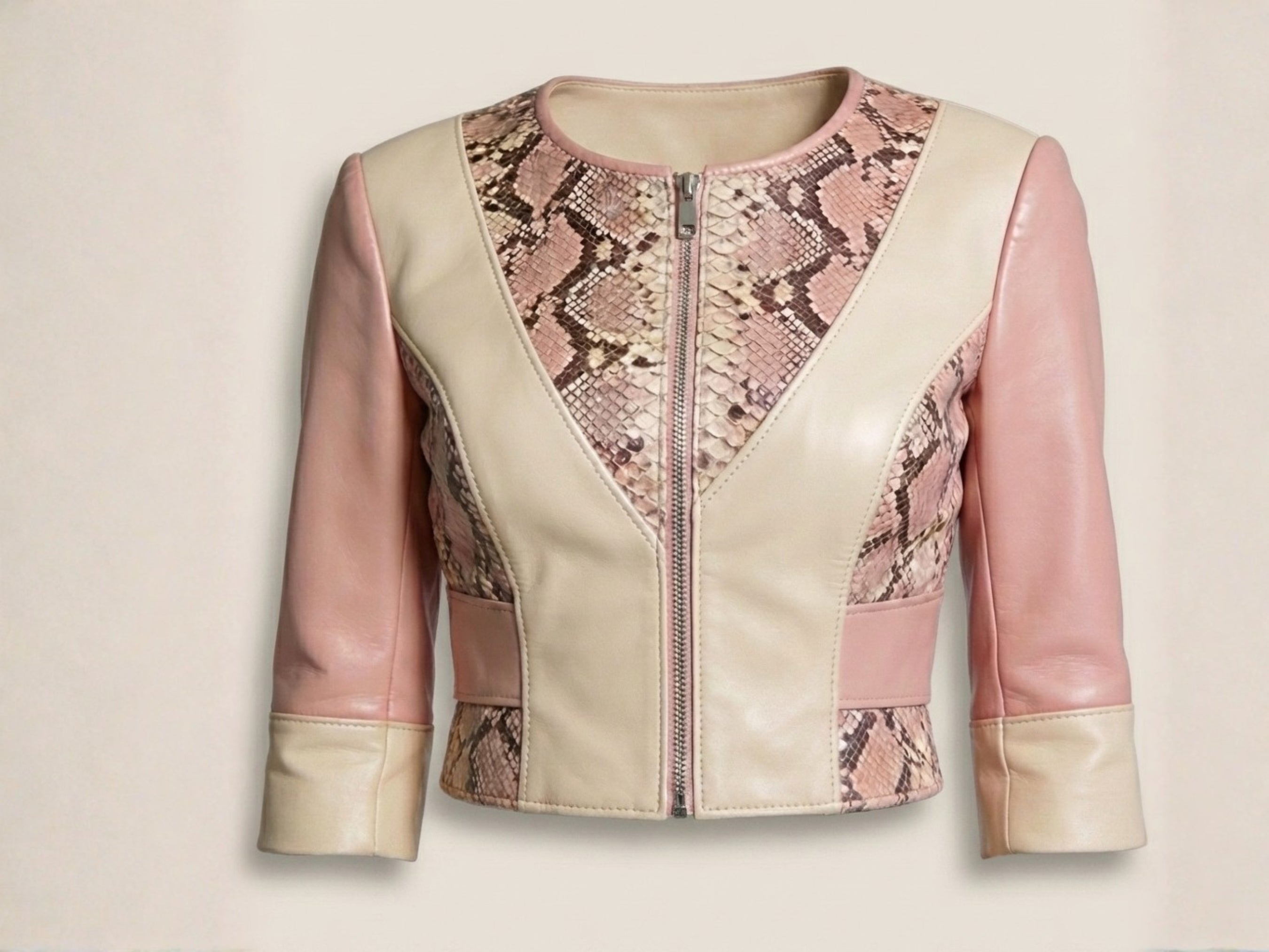 Cream and blush pink leather bolero jacket with center front zip and snakeskin panel