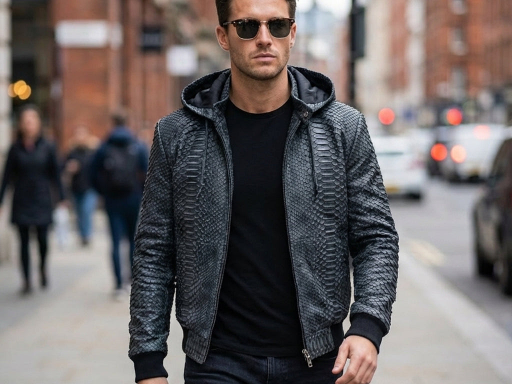 Python snakeskin hoodie bomber jacket with hood and full-zip, ribbed hem and cuffs
