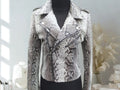Snakeskin-print biker jacket close-up: lapels, diagonal zip, metal snaps