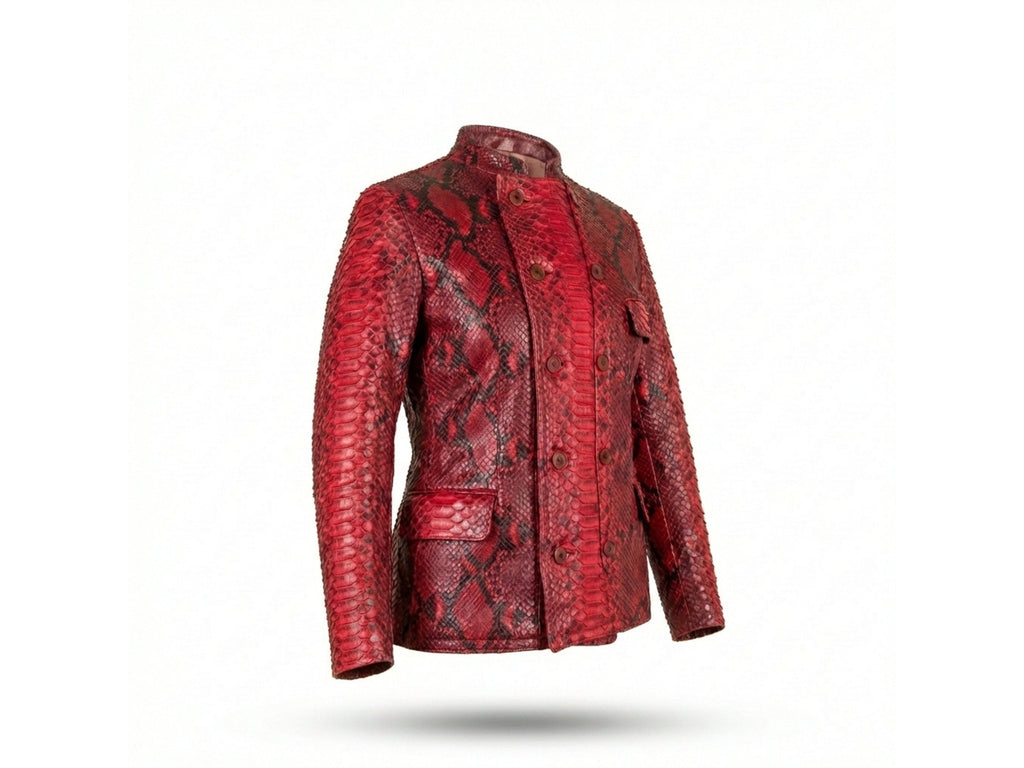Red snakeskin leather jacket with button front, flap pockets, and pointed cuffs