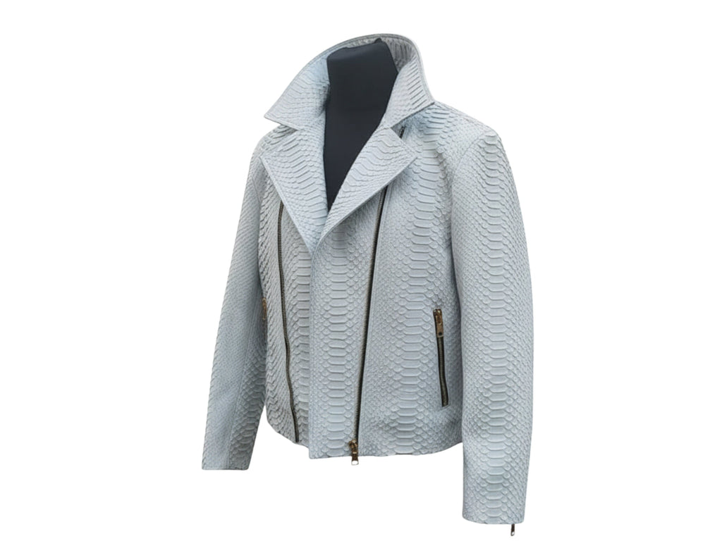Light blue python-textured biker jacket side view with zip closure