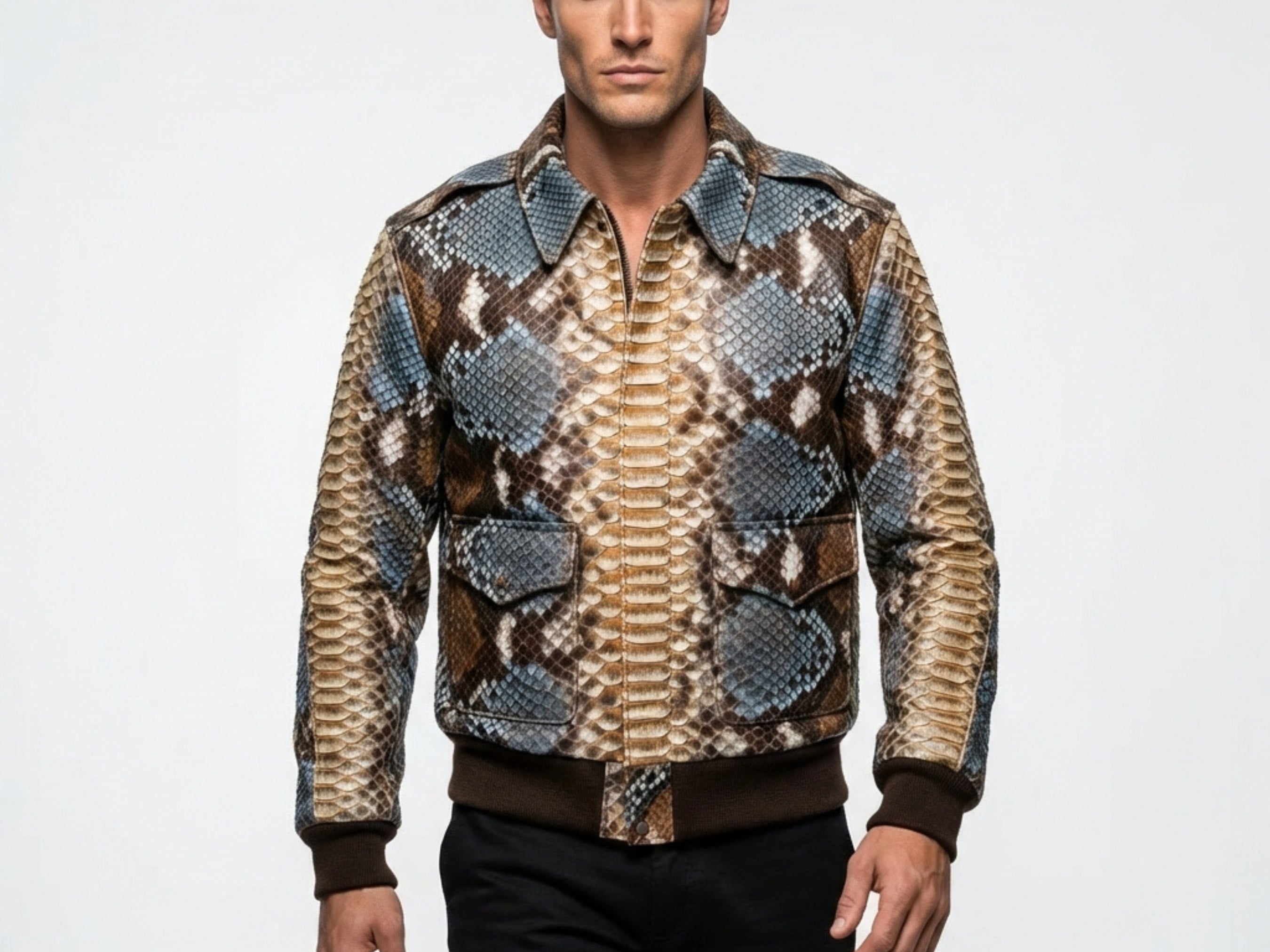 Men's snakeskin-pattern bomber jacket with ribbed collar and front zip