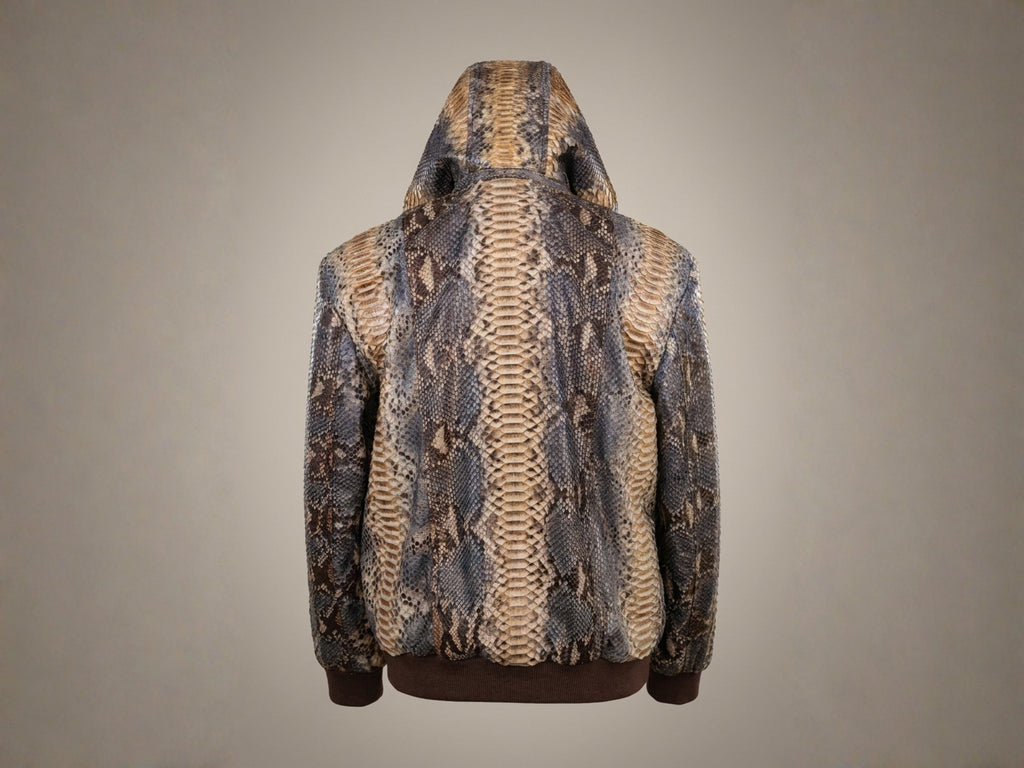Back view of fur-trim hooded python snakeskin tracksuit jacket with ribbed hem