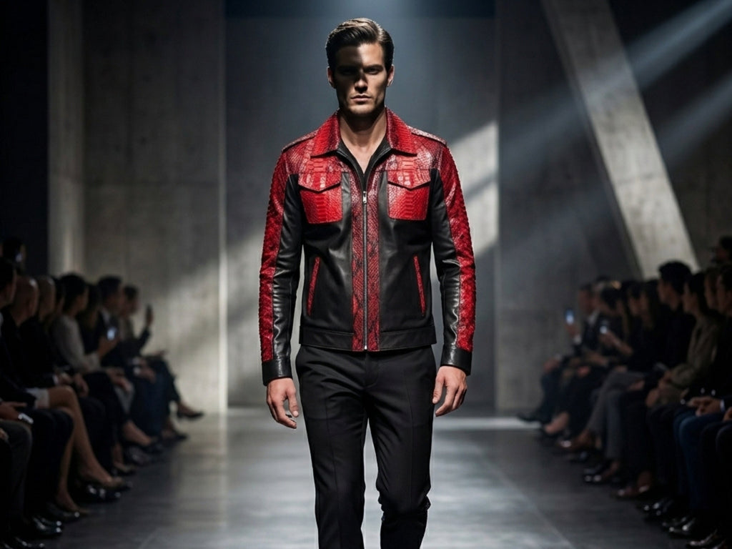 Red snakeskin-style jacket with black leather panels, chest pockets, and zipper front on model