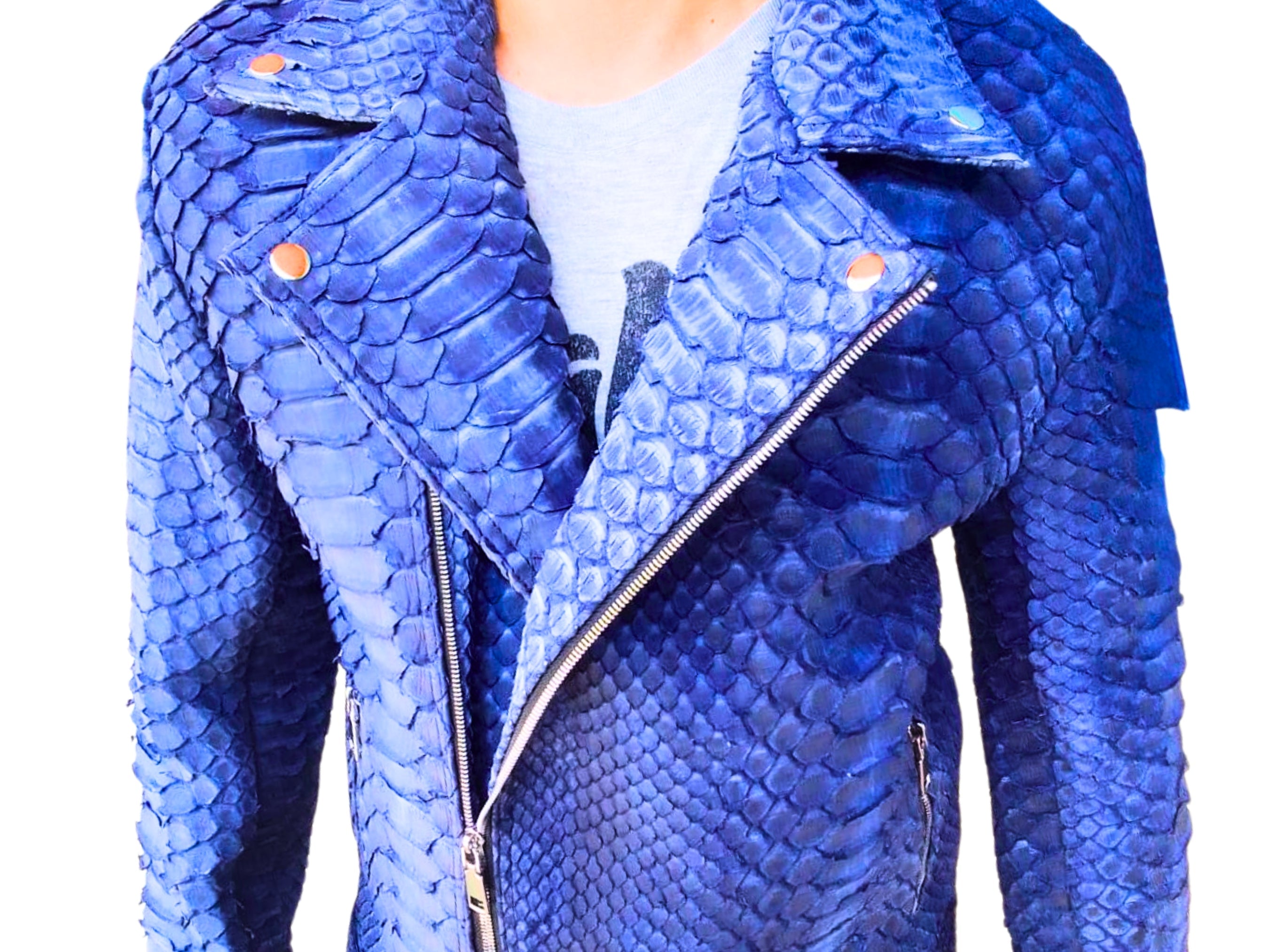 Blue snakeskin leather jacket with chest pockets and diagonal zip