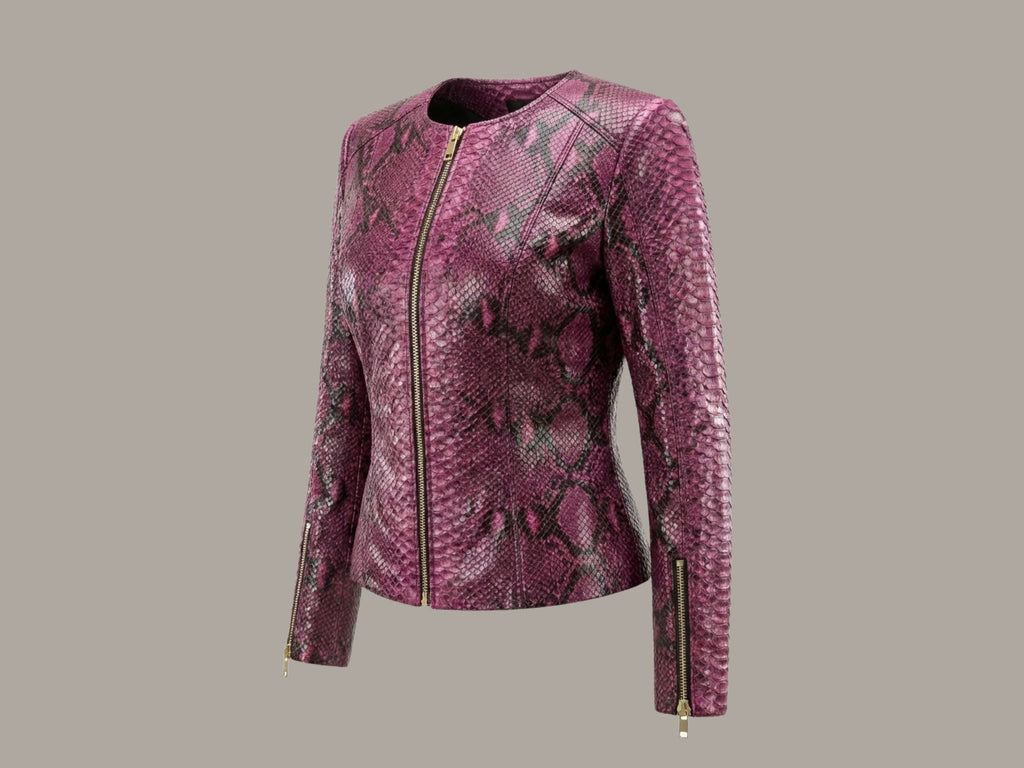Pink burgundy snakeskin leather jacket with full-length front zipper