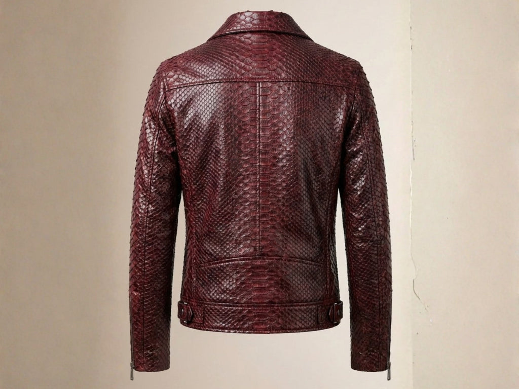 Burgundy python snakeskin leather biker jacket back view with vent and seamed shoulders