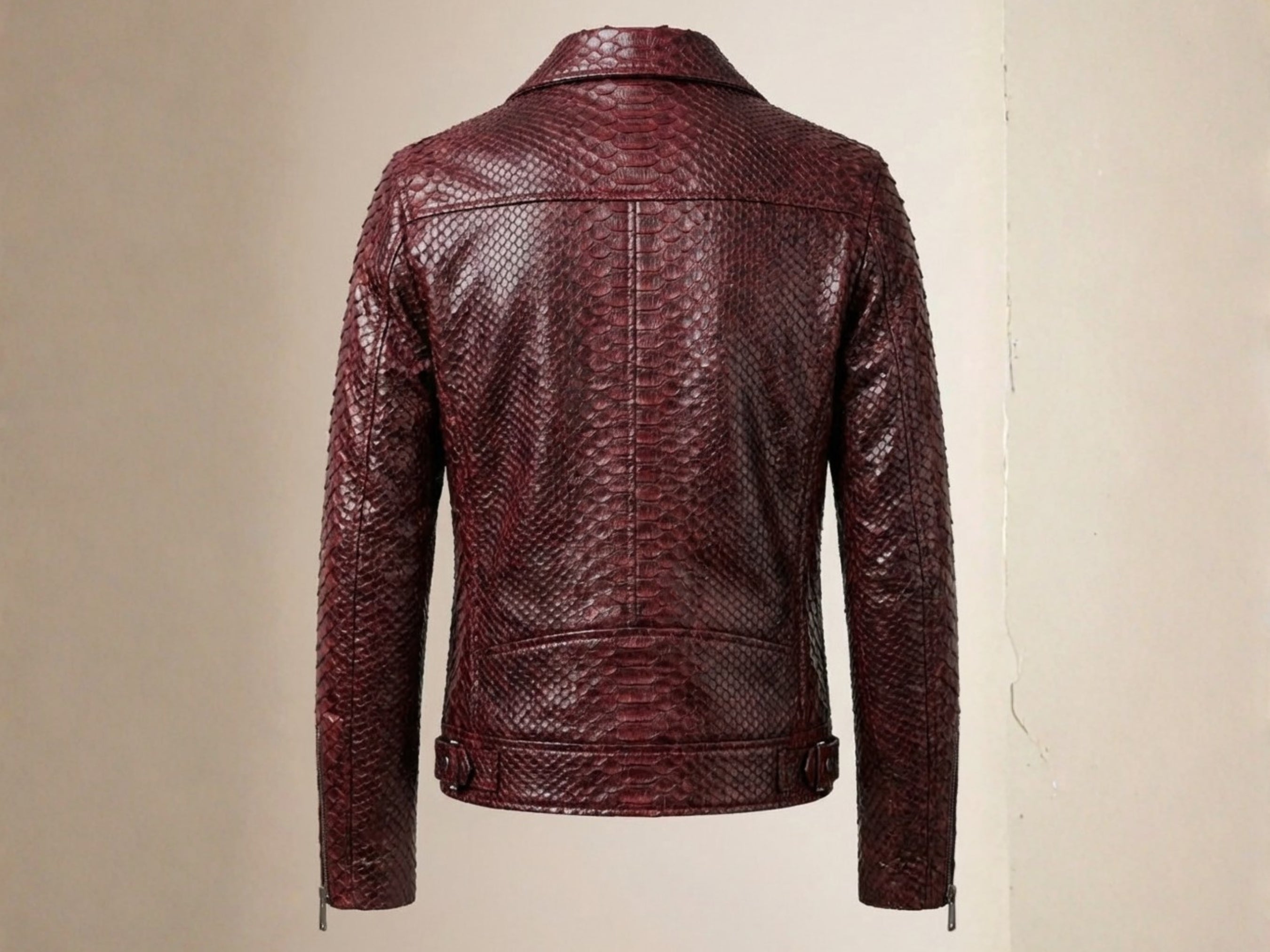 Burgundy python snakeskin leather biker jacket back view with vent and seamed shoulders