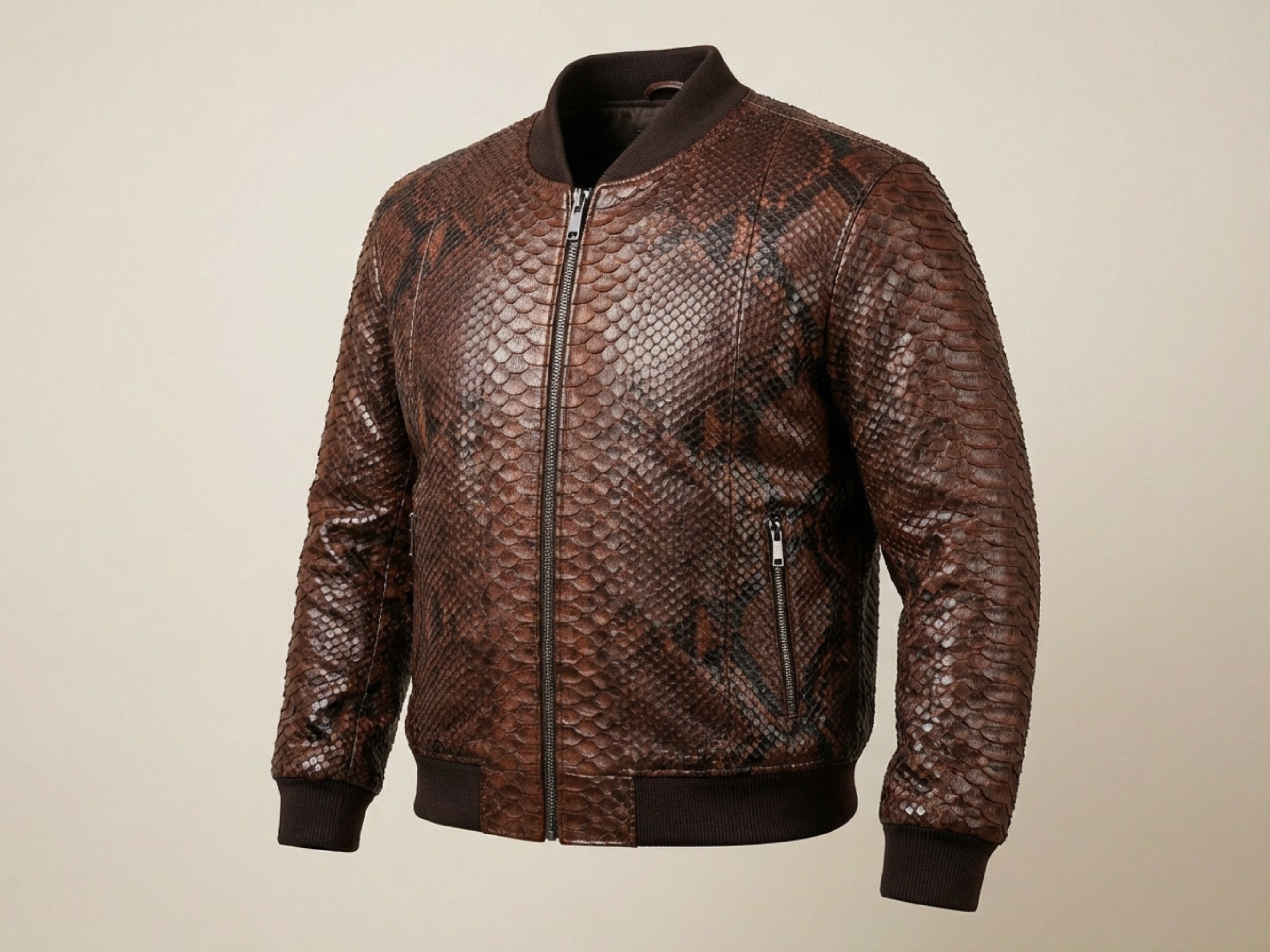 Brown snakeskin leather bomber jacket front view with zip and hand pocket