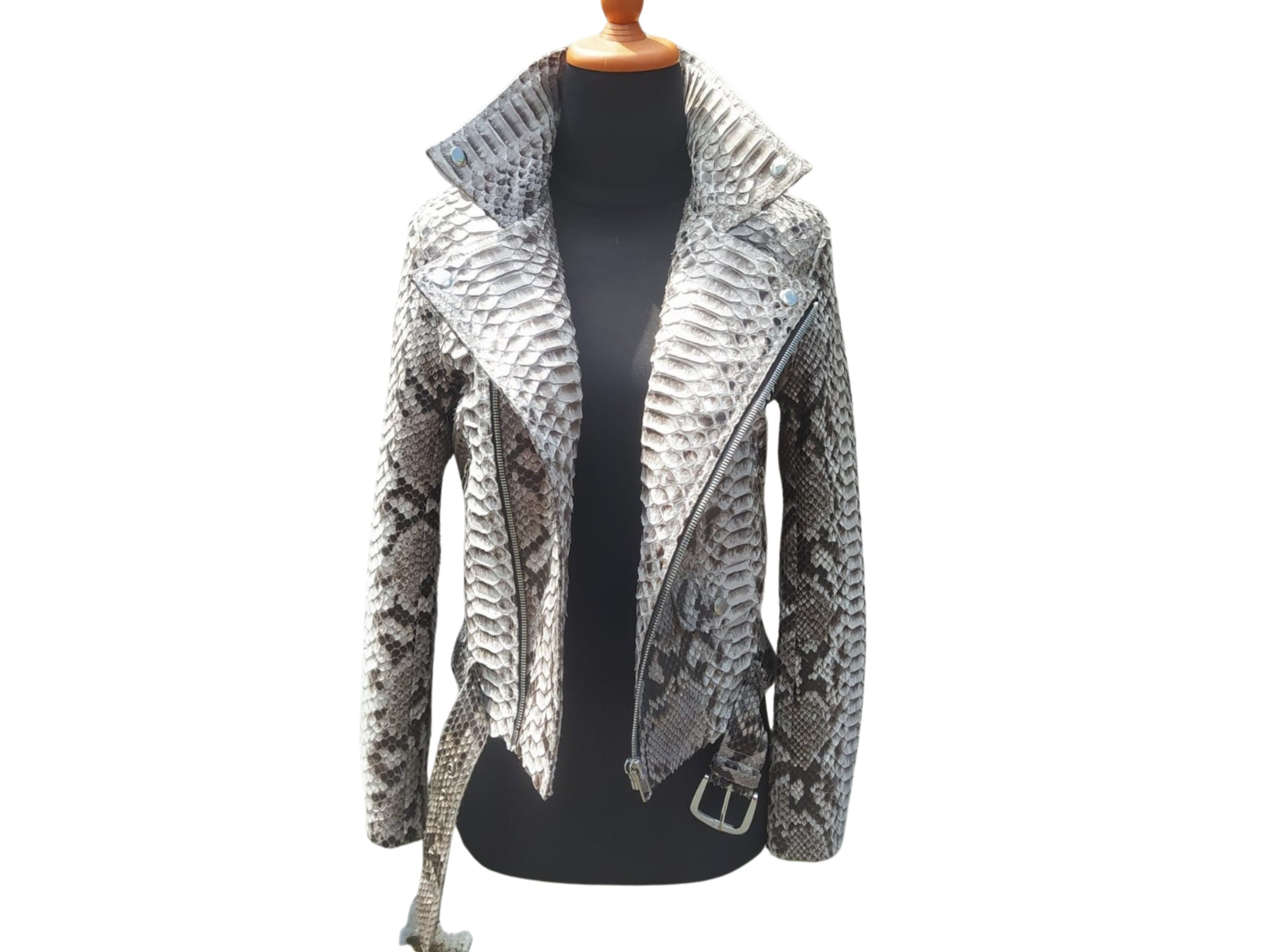 Snakeskin biker jacket with belt accent, silver-gray snake print, open side detail