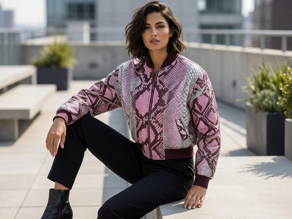 Blush pink snakeskin bomber jacket on model with full zip and maroon ribbed trim