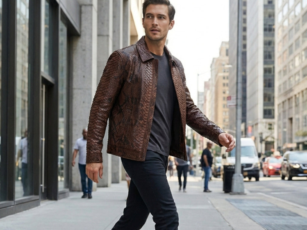 Brown python snakeskin jacket with stand collar and zip-front design